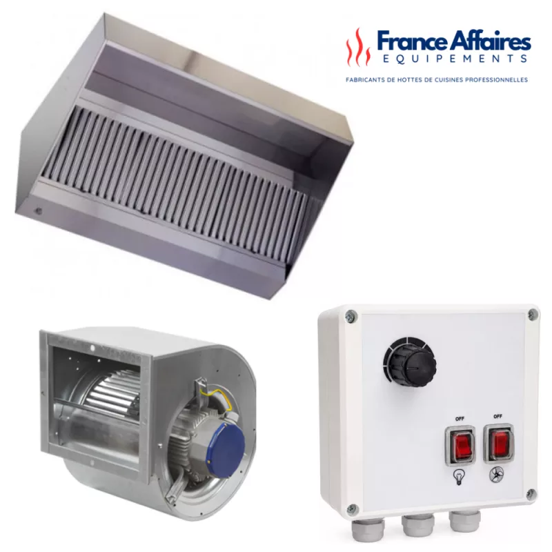 Pack hotte inox professionnelle, moteur escargot et variateur électronique 6 A